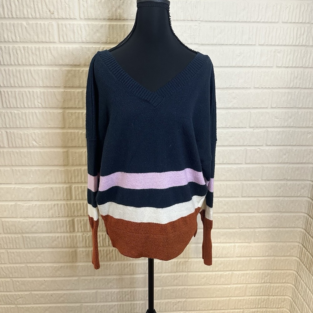 Prana Womens Norfolk Sweater Sz S Multi Stripe Long Sleeve V-Neck Autumn Warm